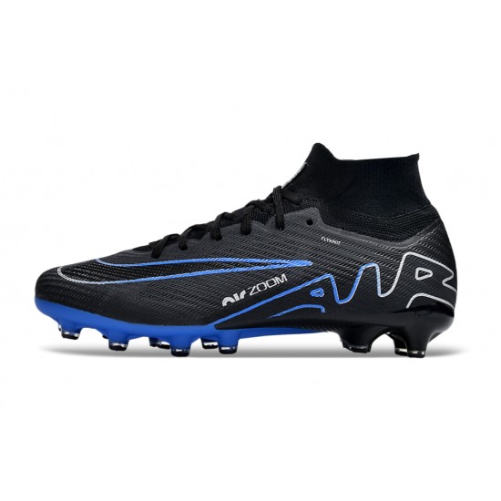 Cheap Nike Air Zoom Mercurial Superfly 9 Elite AG High Top Soccer Shoes Black Blue White Sale