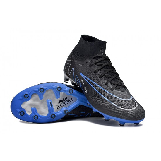 Cheap Nike Air Zoom Mercurial Superfly 9 Elite AG High Top Soccer Shoes Black Blue White Sale