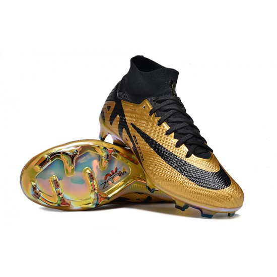 Cheap Nike Air Zoom Mercurial Superfly 9 Elite FG High Top Soccer Shoes Gold Black Sale