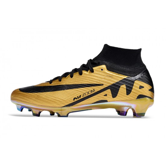 Cheap Nike Air Zoom Mercurial Superfly 9 Elite FG High Top Soccer Shoes Gold Black Sale