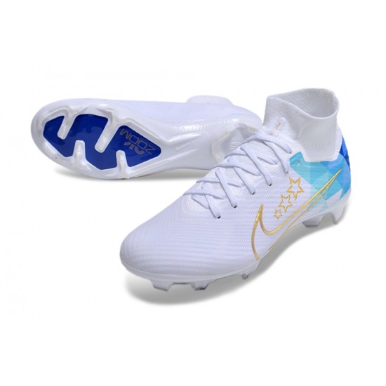 Cheap Nike Air Zoom Mercurial Superfly 9 Elite FG High Top Soccer Shoes White Blue Sale