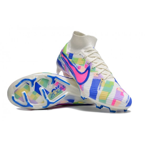 Cheap Nike Air Zoom Mercurial Superfly 9 Elite FG High Top Soccer Shoes White Blue Pink Sale