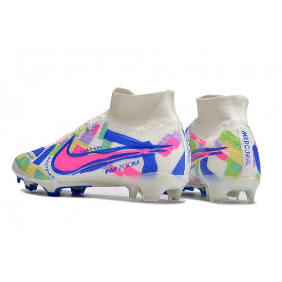 Cheap Nike Air Zoom Mercurial Superfly 9 Elite FG High Top Soccer Shoes White Blue Pink Sale