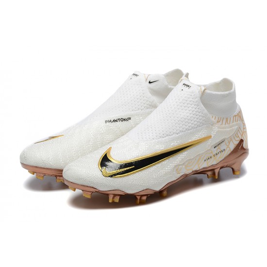 Cheap Nike Phantom GX Elite FG High Top Soccer Shoes White Gold Black Sale